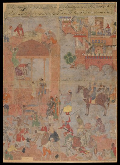 Anushirvan estabelece a fundação de Ctesiphon em uma hora auspiciosa, manuscrito fólio, c.1560-1565 (aquarela opaca, tinta e ouro sobre tela, montada em papelão) de Mughal School