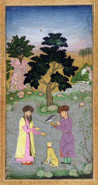 Falconer com companheira e chita de estimação, do Small Clive Album, c.1610-15 (wc opaca no papel) de Mughal School