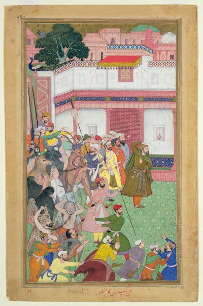 Fatepur Sikiri, 1573: Hasain Quli Khan-l Jahan apresentando seus prisioneiros ao Imperador Akbar (r.1556-1605), do Akbarnama feito por Abul Fazi, 1590-98 (wc opaco e ouro no papel) de Mughal School
