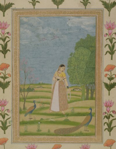 Lady com pavões, do Small Clive Album (wc opaco sobre papel) de Mughal School