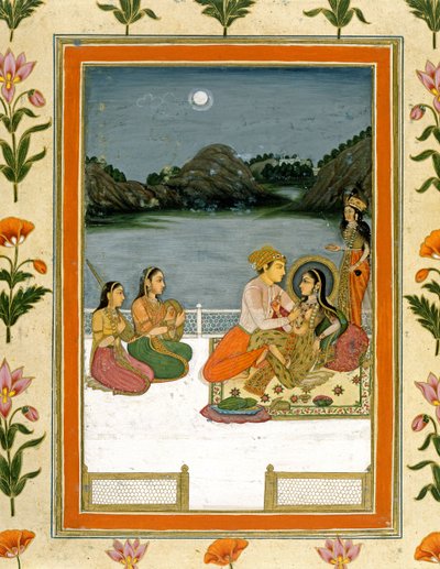 Amantes em um terraço ao lado de um lago ao luar, do Small Clive Album (wc opaco sobre papel) de Mughal School