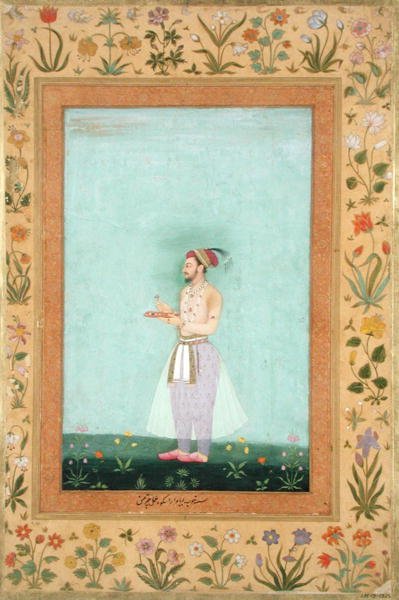 Príncipe Dara Shikuh segurando uma bandeja de jóias, do Álbum Minto de Mughal School