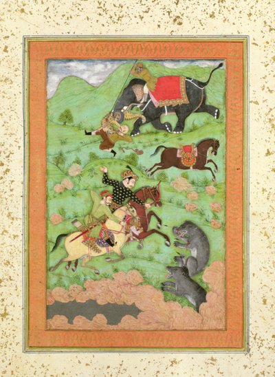 Príncipes Rajput caçando ursos; um mahout e seu elefante salvam um cavaleiro caído de um tigre, do álbum Large Clive de Mughal School