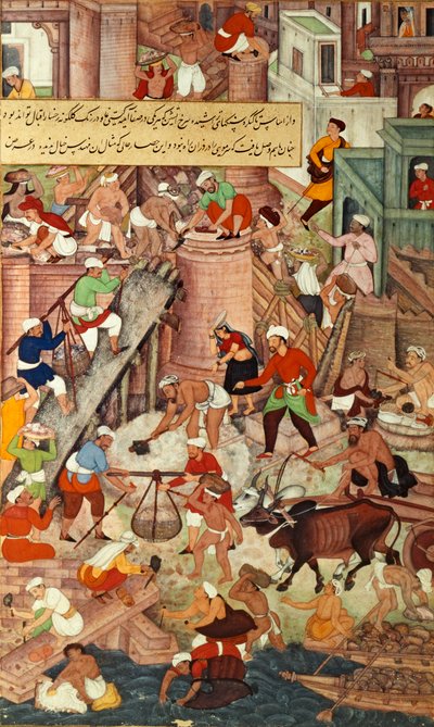 Forte Vermelho em Agra durante a construção, do "Akbarnama", Mughal de Mughal School