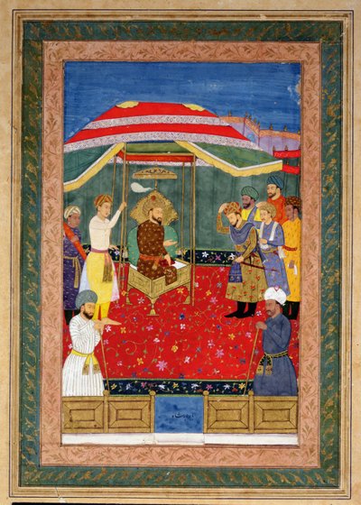 O imperador mogol Babur (1526-30) sentado em um trono recebendo um príncipe, Johnson Album I, nº 3 numerado 65 de Mughal School