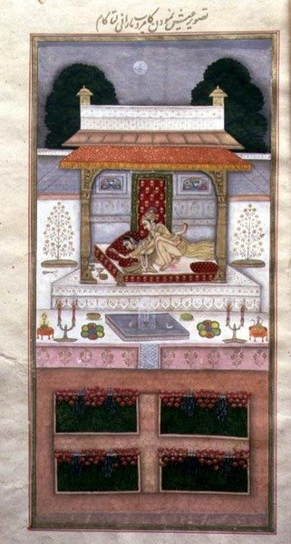 Kamrup e Kamalta na sua noite de núpcias, de Dastur-i Himmat (c.1755) (iluminação) de Muhammad Murad