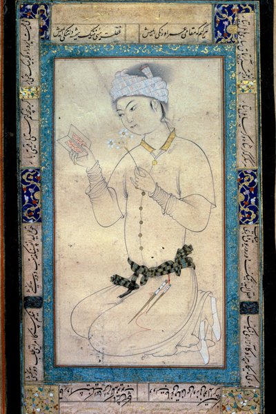 Um jovem com livros e narcisos miniatura persa na guache de Muhammad Shaykh de Muhammad Shaykh