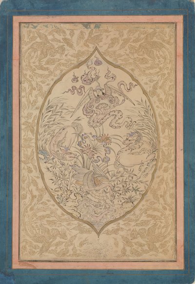 Uma reunião de criaturas míticas em torno de uma folha de lótus, datada de Shawwal A.H. 1088A.D. 1677. de Mu
