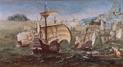 NAVIOS PORTUGUESES NUMA COSTA ROCHOSA - SÉCULO XVI -O / L - 78 × 144 - CÓPIA DO ORIGINAL DO MUSEU DE GREENWICH de Munday John