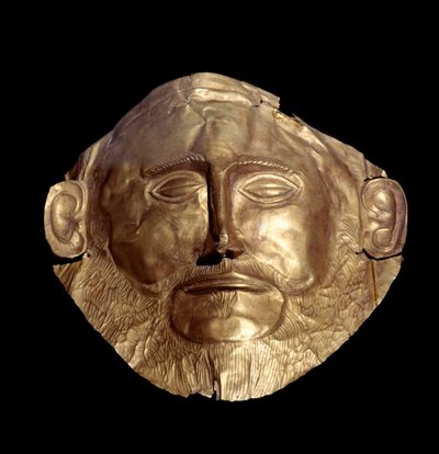 Máscara funerária em ouro micénico (de micenas) conhecida como "Máscara de Agamémnon". de Mycenaean