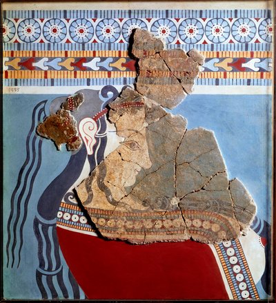 Arte micénica: busto feminino. Fragmento de fresco do palácio de Tirynthe e reconstituição de Mycenaean