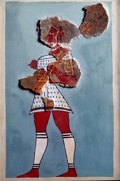 Arte micénica: guerreira. Fragmento de fresco do palácio de Tirynthe e reconstituição de Mycenaean