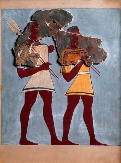 Arte micénica: guerreiros. Fragmento de fresco do palácio de Tirynthe e reconstituição de Mycenaean