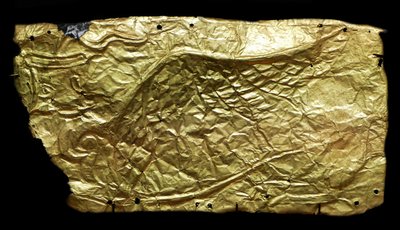 Cobertura em folha de ouro para placa em forma de vaso de vidro de Mycenaean