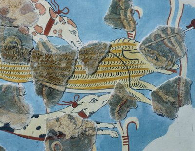 Fresco do Palácio Tirinto (Grécia). Detalhe: grupo de cães a atacar um javali selvagem. Civilização micénica de Mycenean