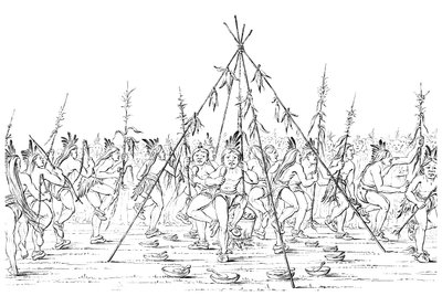 Os curandeiros dançam ao redor de uma panela, agradecendo ao Grande Espírito, 1841. de Myers and Co