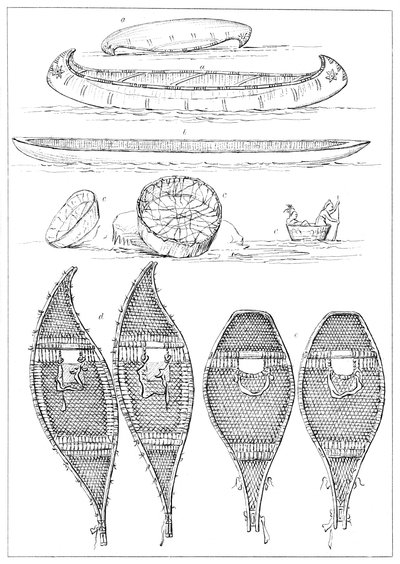 Canoas Sioux e raquetes de neve Chippewa, 1841. de Myers and Co