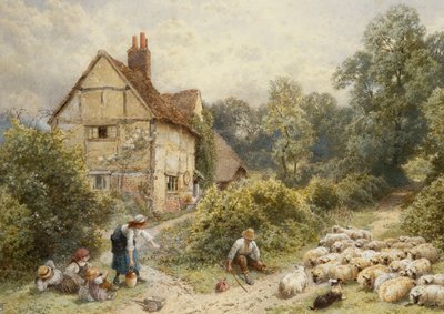 Fowl House Farm, Witley, com filhos, um pastor e um rebanho de ovelhas nas proximidades, de Myles Birket Foster