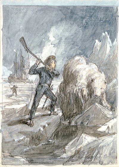 Nelson ao encontro de um urso, c.1854 (lavagem a cinzento, realçada com branco, aguarela, grafite) de Myles Birket Foster