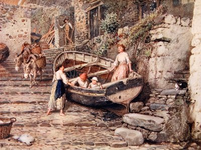 Vista de Clovelly, com barco encalhado e figuras, 1882 de Myles Birket Foster