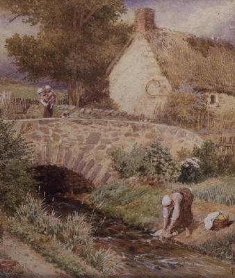 Mulher Lavando Roupas em um Fluxo de Myles Birket Foster