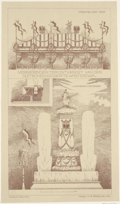 Decorações durante a visita do imperador alemão a Amsterdã, 1891 Decorações para a recepção do imperador alemão em Amsterdã (título no objeto) de NV Drukkerij G.J. Thieme