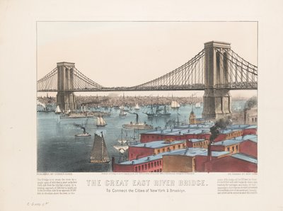 A grande ponte East River: para conectar as cidades de Nova York e Brooklyn, c.1872 de Nathaniel Currier