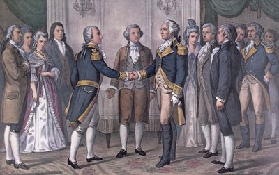 O Primeiro Encontro do General George Washington (1732-99) e do Marquês de La Fayette (1757-1834) Filadélfia, 3 de Agosto de 1777, publicado em 1876 (cor litho) de N. and Ives J.M. (after) Currier