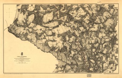 21,120. LC Civil War Maps (2ª ed.), 531.3 Nesta edição, o mapa é impresso sobre um fundo amarelo com a cor verde do rio Chickahominy. Mostra estradas, Virginia Central R. R., casas, vedações, nomes de habitantes, vegetação, drenagem, e relevo por hectare. de N. Michler