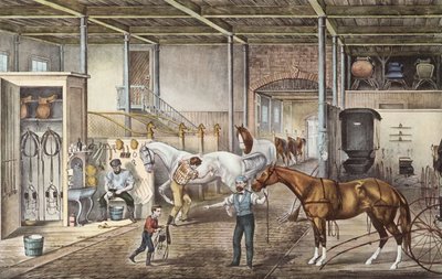 Modelo de estábulo onde os rapazes e os tratadores tratam realmente dos cavalos, gravura do livro "America" de Currier e Yves 1870 de N. and Ives J.M. (1824 95) Currier