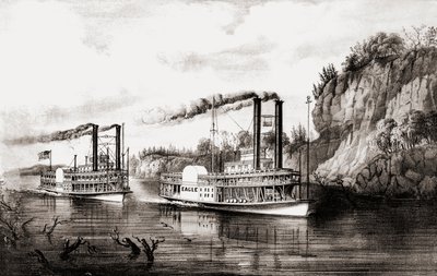 Barcos a vapor correndo no rio Mississippi, EUA. de N. and Ives J.M. Currier