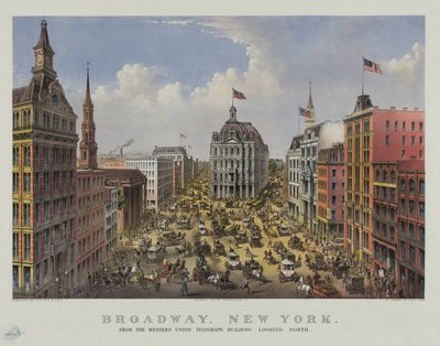 Broadway, Nova Iorque, do edifício do telégrafo Western Union com vista para Norte de Currier and Ives