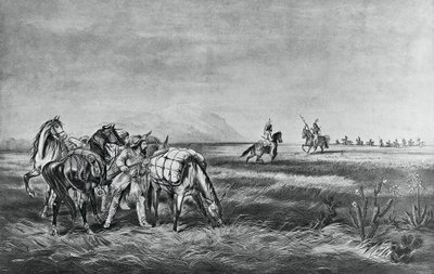 Paz ou guerra, Encontro entre os índios e os caçadores brancos, publicado por Colin Simkin de Currier and Ives