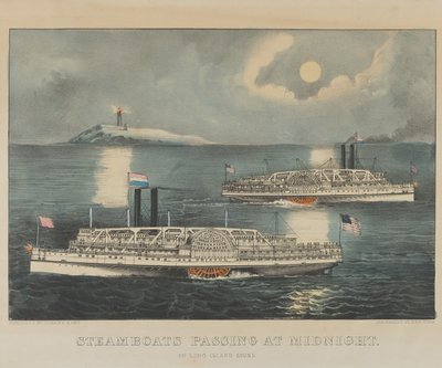 Barcos a vapor que passam à meia-noite em Long Island Sound de Currier and Ives