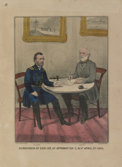 Rendição do Genl. Lee, em Appomattox C.H. Va. 9 de Abril. 1865 (litografia a cores) de Currier and Ives