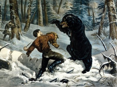 A Vida dos Caçadores (Caçadores Profissionais) no Canadá: Um caçador é atacado por um urso pardo. Ilustração por Yves e Currier. de Currier and Ives