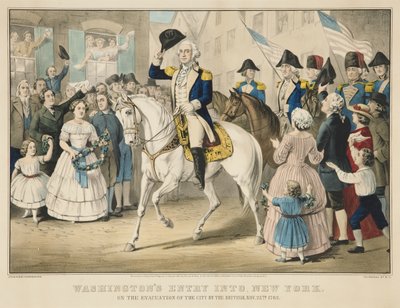 A entrada de Washington em Nova Yrok na evacuação da cidade pelos britânicos em 25 de novembro de 1783 de Currier and Ives
