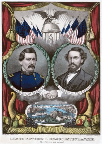 Grande bandeira nacional-democrata. Paz! União! e vitória !, 1864 de N. and Ives, J.M. Currier
