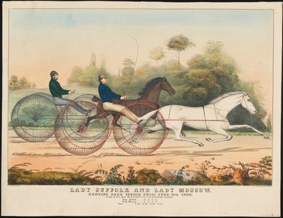&39;Lady Suffolk&39; e &39;Lady Moscow&39;, Hunting Park Course, Filadélfia, 13 de junho de 1850 (litografia colorida à mão) de N. and Ives, J.M. Currier