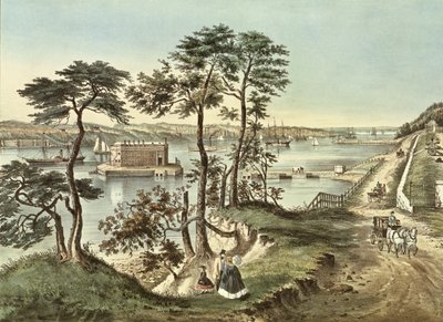 Staten Island e os estreitos de Fort Hamilton de N. and Ives, J.M. Currier