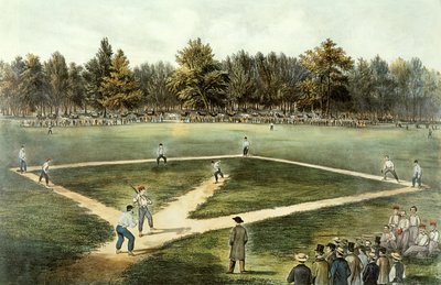 O jogo nacional americano do basebol - fósforo grande em campos de Elysian, Hoboken, NJ, 1866 (veja 32902) de N. and Ives, J.M. Currier