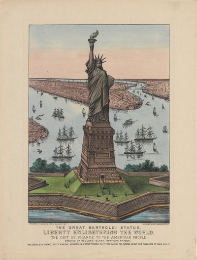 A Grande Estátua de Bartholdi - Liberdade Iluminando o Mundo, 1885 (litografia colorida à mão) de N. and Ives, J.M. Currier