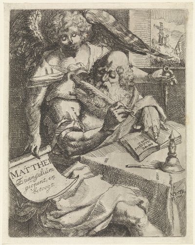 Mateus Evangelista Matthei Evangelium abre e argumenta (título no objeto) Página de rosto para: S. van Til, Het euangelium des H. Apóstolos Matthæi (...) aberto por notas curtas, 1687 de N. van Til