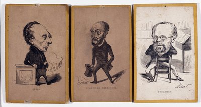 3 Retratos - carga (carga de retrato): Francois Pierre Guillaume Guizot (1787-1874), historiador e político francês, Charles Jean-Baptiste (Jean Baptiste) Jacquot dit Eugene de Mirecourt (1812-1880), jornalista e escritor francês, e Pierre-Joseph Proudhon de Nadar