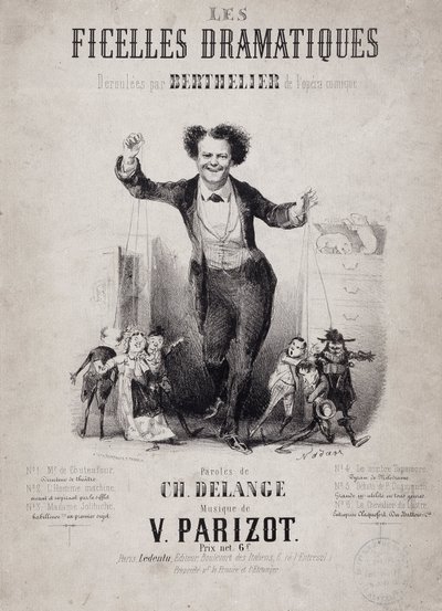 Retrato de Jean Berthelier (1830-1888) segurando os filhos de bonecos. Álbum "Les Ficelles Dramatiques deroulees de Berthelier de l