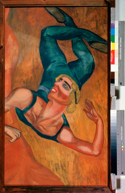 Saut (Salto) - Um acrobata executa um salto, rosto sorridente, corpo flexível deformado pela pose em suspensão no ar - Pintura de Nadezhda Vladimirovna Lermontova (1885-1921), óleo sobre tela de Nadezhda Vladimirovna Lermontova