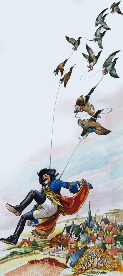 O Barão de Munchausen a ser levado por patos (guache sobre papel) de Nadir Quinto