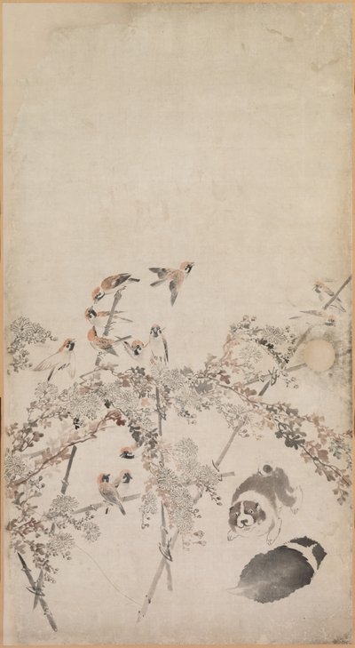 Filhotes de cachorro, pardais e crisântemos de Nagasawa Rosetsu