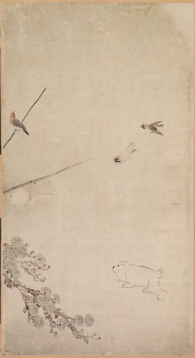 Filhotes de cachorro, pardais e crisântemos de Nagasawa Rosetsu