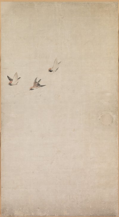 Filhotes de cachorro, pardais e crisântemos de Nagasawa Rosetsu